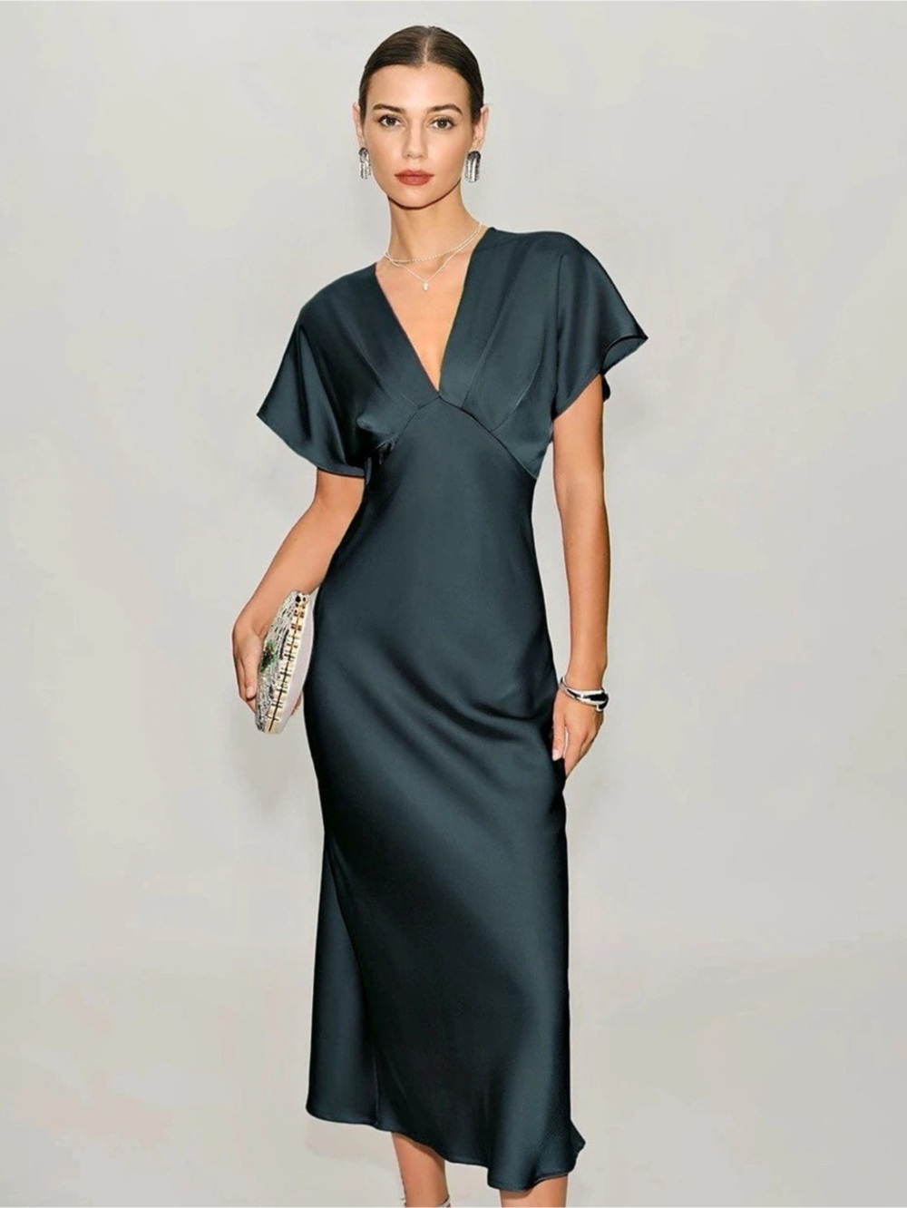 RIHOAS - Grey Green Satin Cowl Sleeve Midi Dress